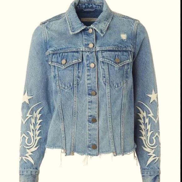 ALLSAINTS Denim Jacket Raw Hem Embroidered Sleeves Ribbed Size XS Washed Blue - Picture 9 of 9
